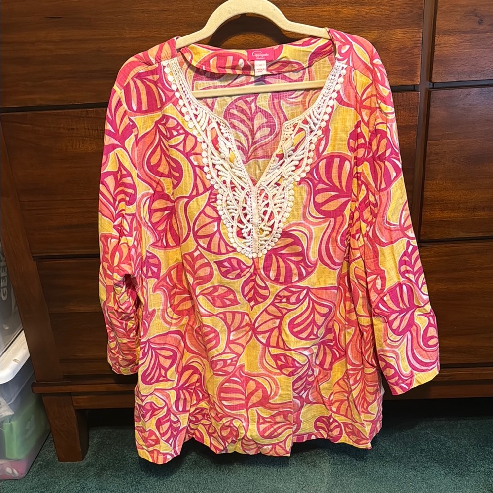 Pink and Orange Graphic Tunic 3/4 Sleeve Relaxed Fit